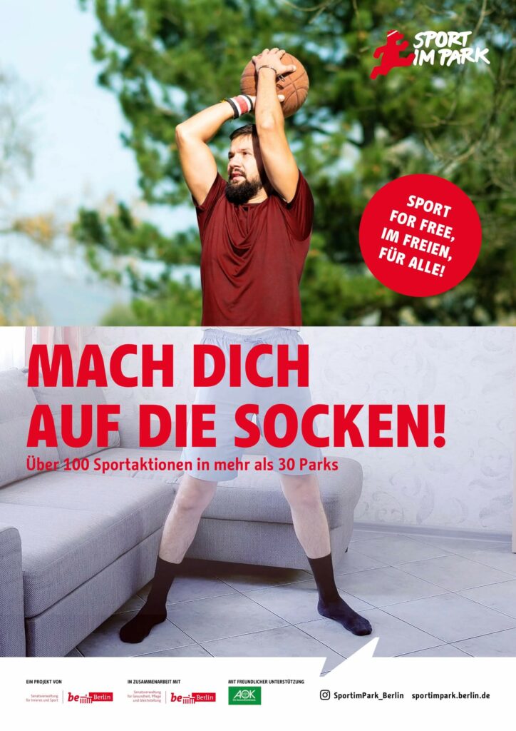 Plakat zum Angebot "Sport im Park" mit der Aufschrift "Mach dich auf die Socken!"
