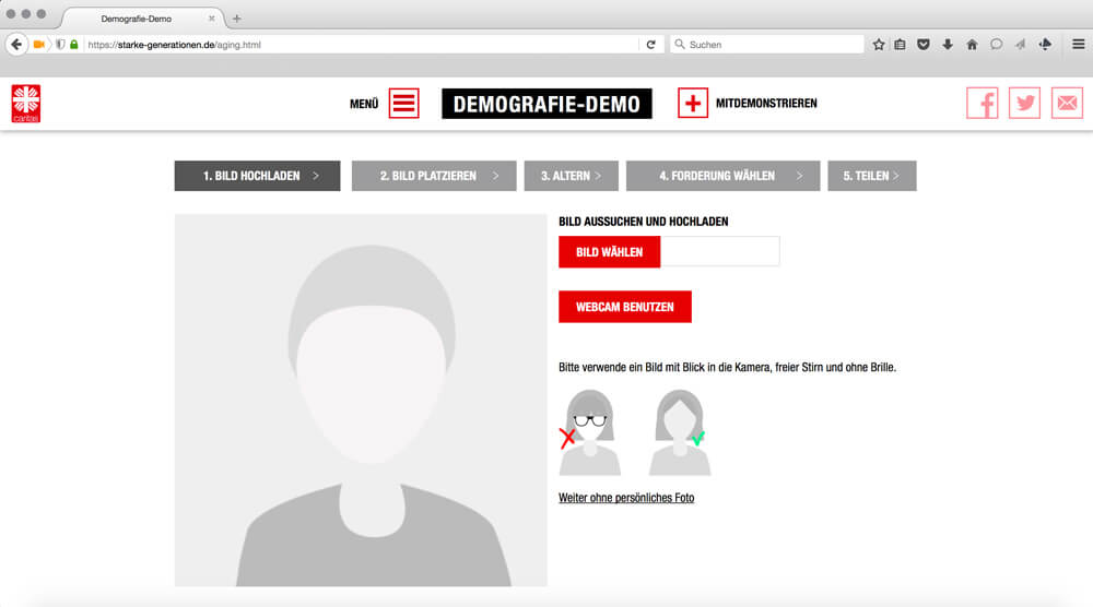 Das Bild zeigt den Anmeldeprozess auf der Webseite der Demografie Demo. Ganz einfach Unterstützer werden!