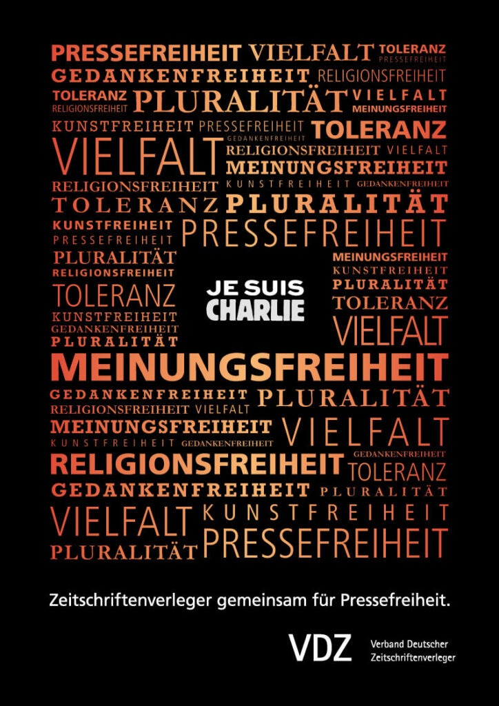 Plakat des VDZ "Je Sues Charlie" zum Ausdruck der Pressefreiheit