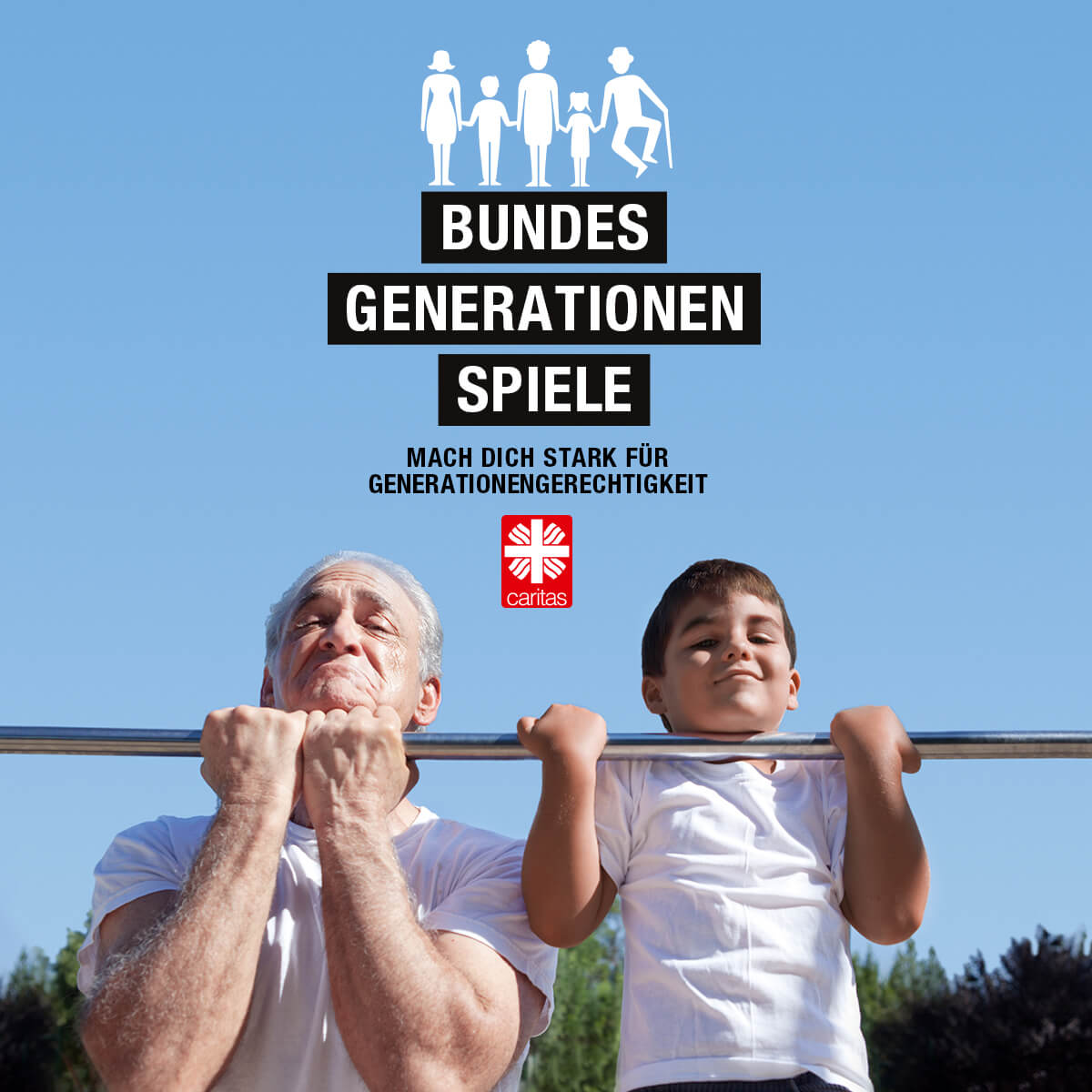 Das Plakat für Bundesgenerationenspiele zeigt einen älteren Herrn und einen Jungen an der Klimmzugstange.